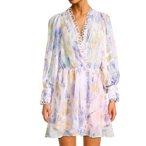 Avantlook Womens Watercolor Ikat Mini Dress Pastel Scalloped V-Neck Medium